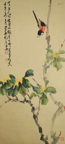 A chinese flowers and birds painting scroll, qi baishi mark