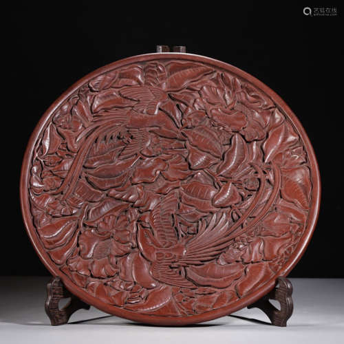 A carved cinnabar lacquerware flower and bird dish