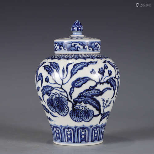 A blue and white fruits and flowers jar and cover