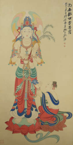 A chinese guanyin statue painting scroll, zhang daqian mark