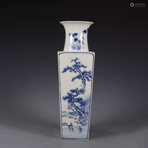 A blue and white landscape square vase