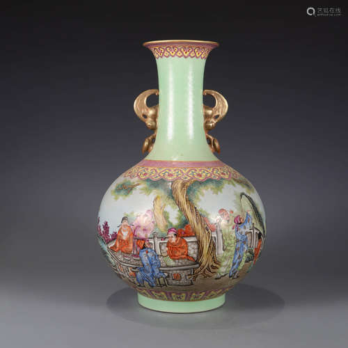 An enamelled figures double-eared vase