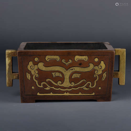 A gilt-bronze beast pattern square manger-shaped censer