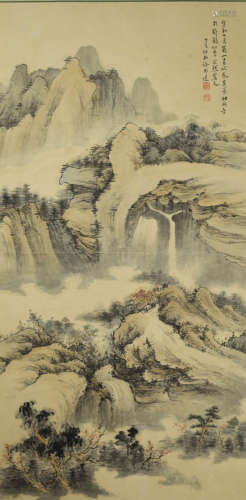 A chinese landscape painting scroll, xu bangda mark