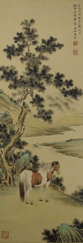 A chinese horses painting scroll, ma jin mark
