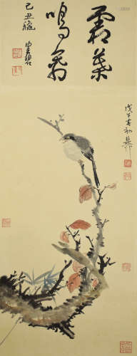 A chinese flower and bird painting scroll, xie zhiliu mark