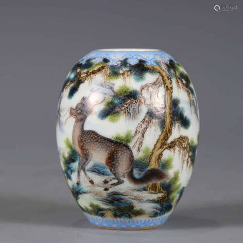 An enamelled pine and deer water coupe