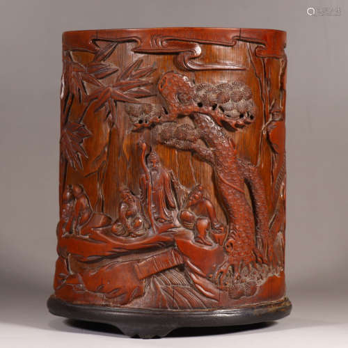 A carved bamboo figure and landscape brush pot