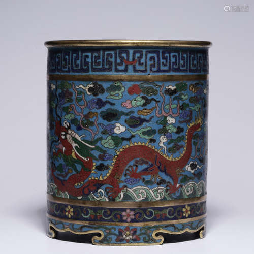 A cloisonne enamel dragon and cloud brush pot