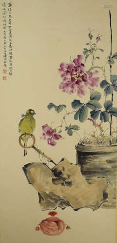 A chinese flower and bird painting scroll, lu yifei mark