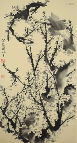 A chinese plum blossom painting scroll, guan shanyue mark