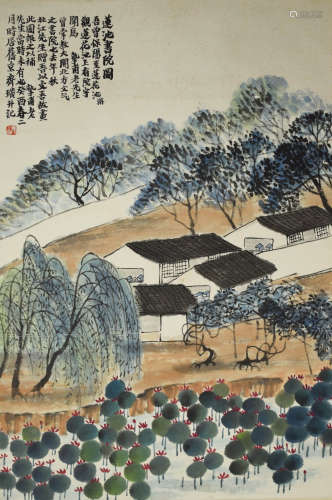 A chinese countryside painting scroll, qi baishi mark
