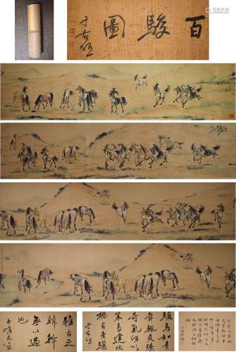 A chinese horse group painting scroll, qi gong mark