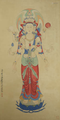 A chinese buddha statue painting scroll, xu bangda mark