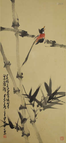 A chinese bamboo and bird painting scroll, zhao shaoang mark