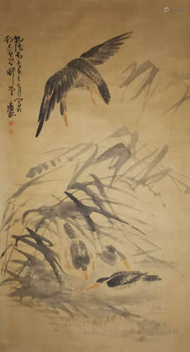 A chinese flower and bird painting scroll, huang zhen mark