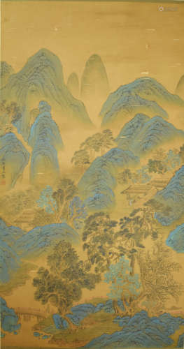 A chinese landscape painting scroll, qiu ying mark