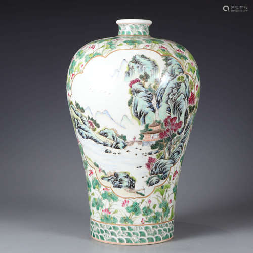 A famille rose landscape meiping vase