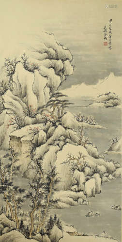 A chinese landscape painting scroll, jin cheng mark