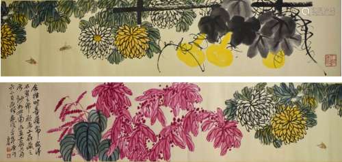 A chinese chrysanthemum flower painting scroll, qi baishi ma...