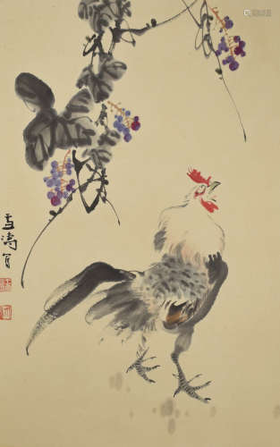 A chinese rooster painting scroll, wang xuetao mark