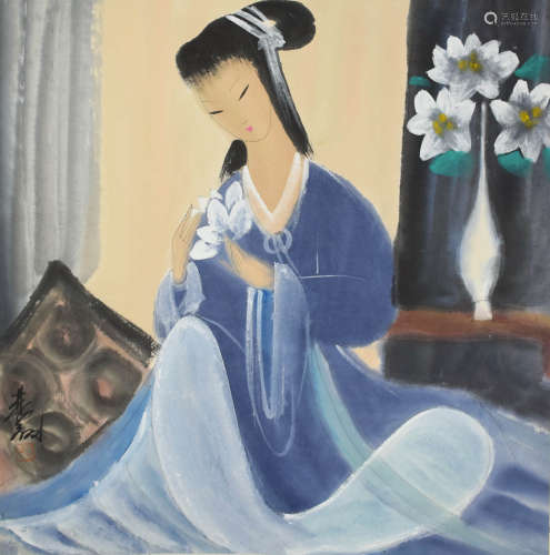 A chinese lady painting scroll, lin fengmian mark