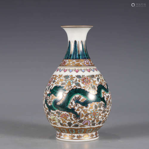A gilt-inlaid famille rose dragon pear-shaped vase