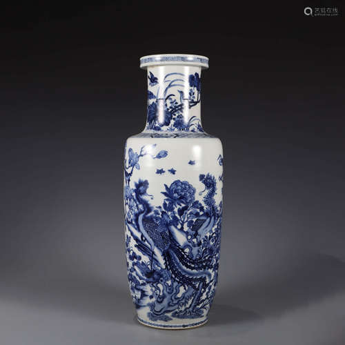 A blue and white flowers and birds rouleau vase