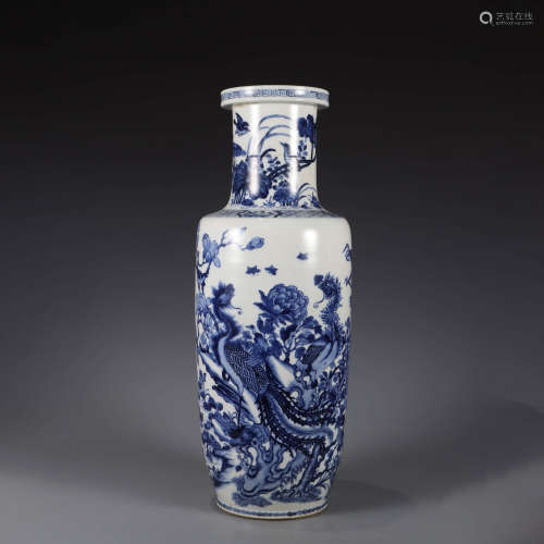 A blue and white flowers and birds rouleau vase