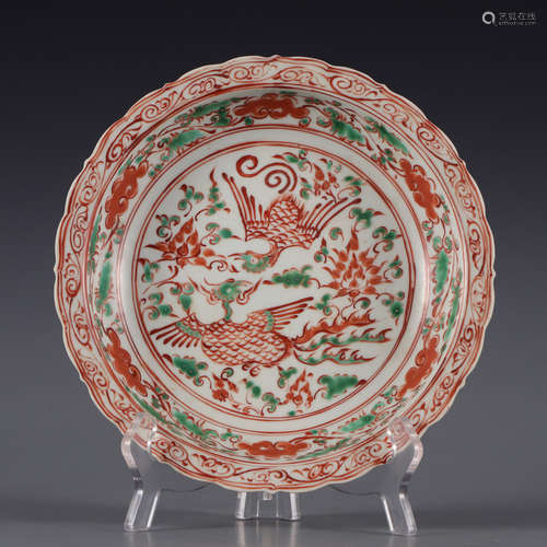 a red-glazed and green-enamelled lobed phoenix dish