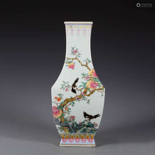 A famille rose magpies and peaches square vase