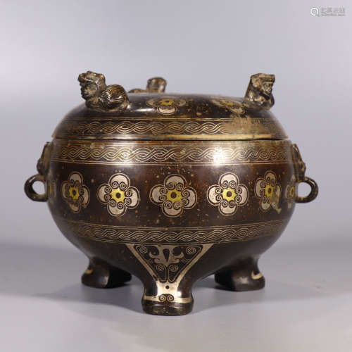 A gold and silver inlaying floral tripod vessel