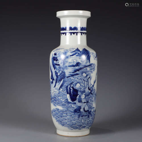 A blue and white immortal rouleau vase