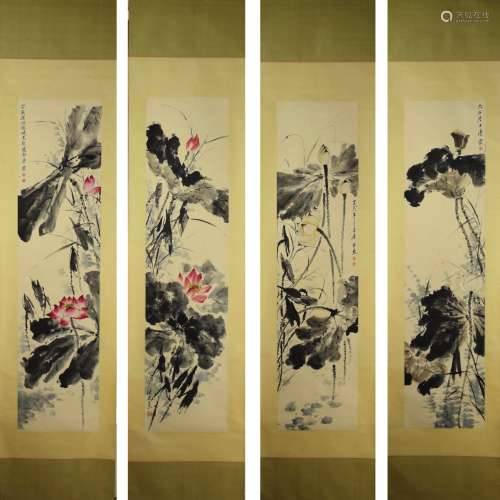 A set of four chinese lotus group painting scrolls, tang yun...