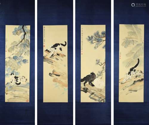 A set of four chinese cats painting scrolls, xu beihong mark