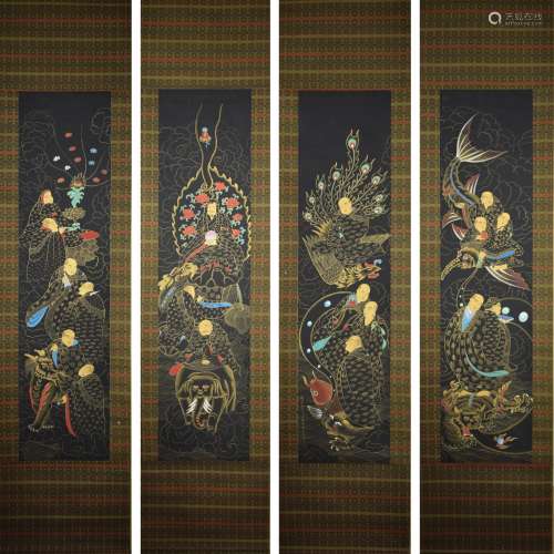 A set of four 18 arhats painting scrolls, ding guanpeng mark