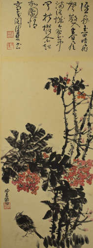 A chinese flowers and birds painting scroll, chen peiqiu mar...