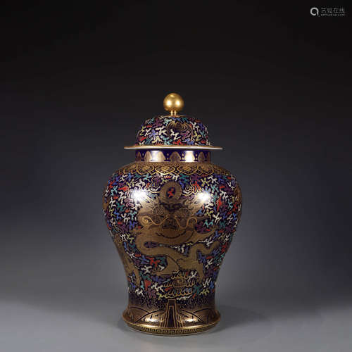 A gilt blue-glazed dragon and clouds jar and cover