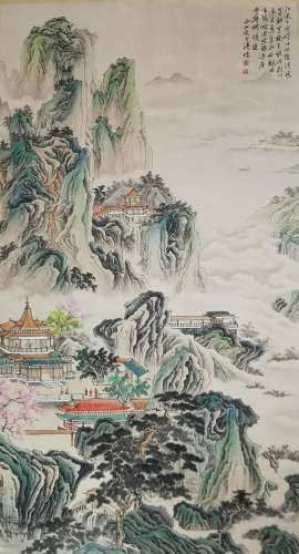 A chinese pavilion painting scroll, ma haifang mark