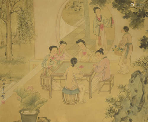 A chinese lady painting scroll, qiu ying mark