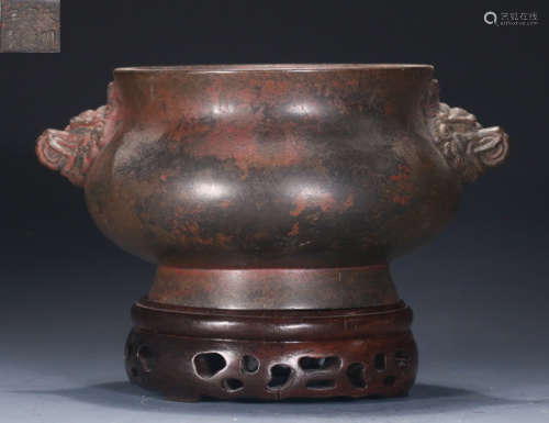 DAMINGXUANDENIANZHI MARK COPPER CENSER WITH BEAST EARS