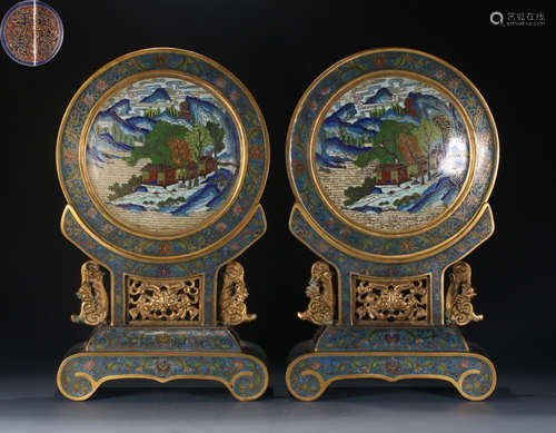 DAQINGQIANLONGNIANZHI MARK CLOISONNE SCREEN PAIR