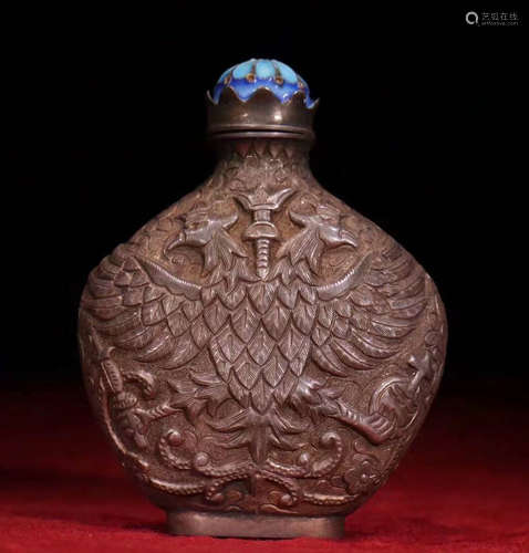 SILVER SNUFF BOTTLE CARVED WITH PHOENIX