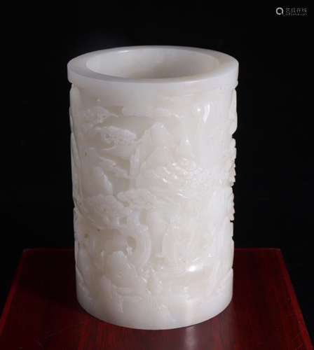 HETIAN JADE BRUSH POT CARVED WITH LANDSCAPE&POETRY