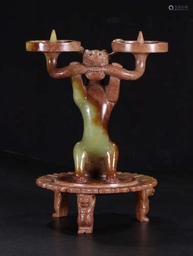 ANTIQUE JADE CANDLE HOLDER SHAPED WITH BEAST