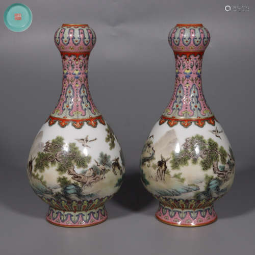 Chinese Pair Of Famille Rose Porcelain Garlic Bottles