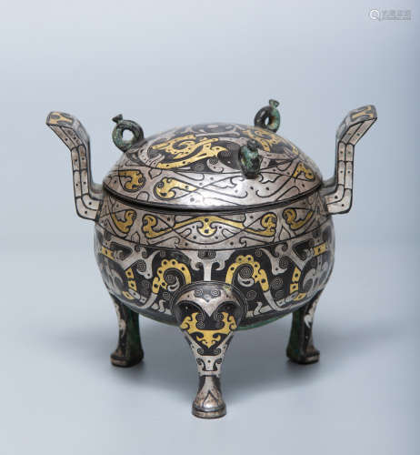 Chinese Gold And Silver Painted Tripod Furnace