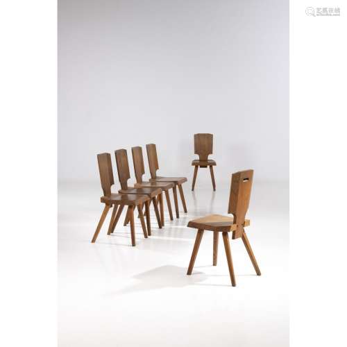 皮埃尔-查波(1927-1987)一套六把椅子，型号S28A榆树查普版创作日期...