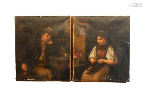 十九世纪末的斯拉夫学派倾斜的吸烟者年轻的女裁缝挂件中的一对布...