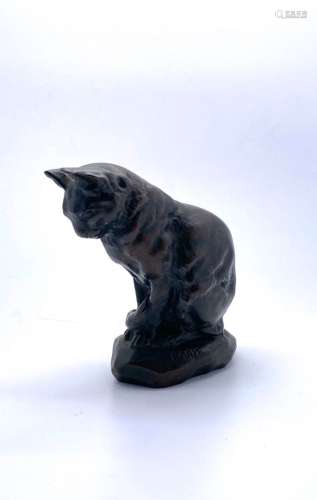 安东尼-路易-巴里 (1796-1875)貓带有棕色铜锈的青铜雕塑阳台上签...